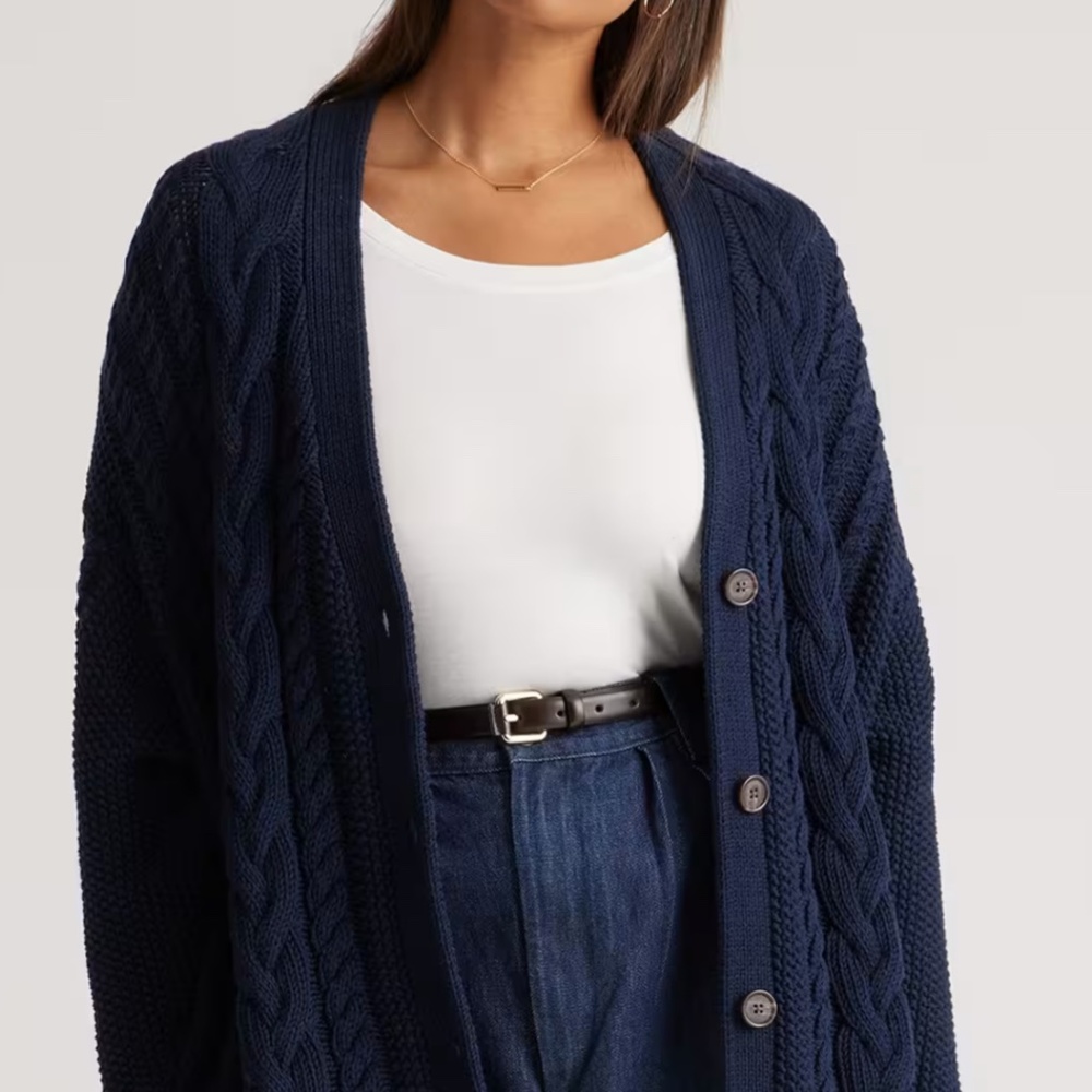 Quince oversize cable knit cardigan sweater in navy